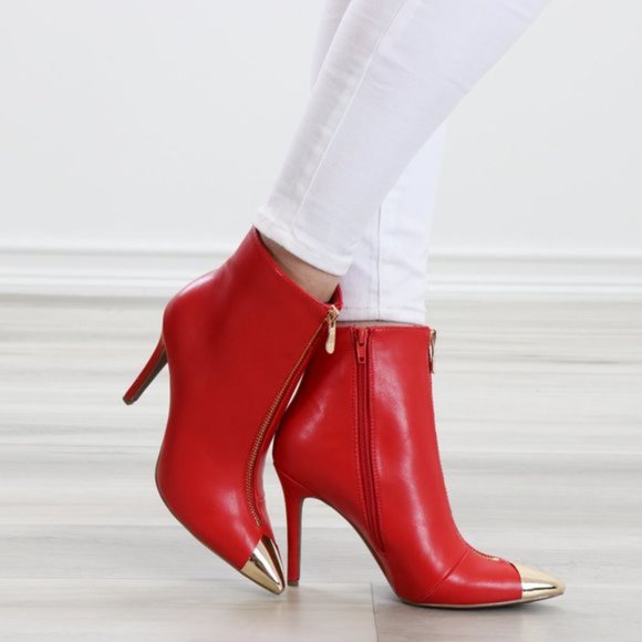 Shoes - Ankle Red Boots Faux Leather Gold Pointy Toe